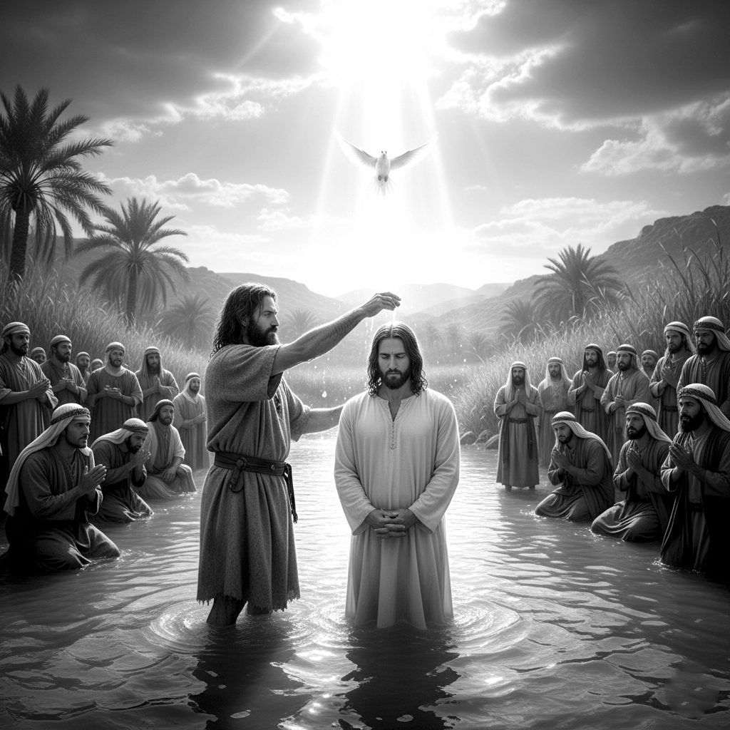 Jesus being baptized in the Jordan River